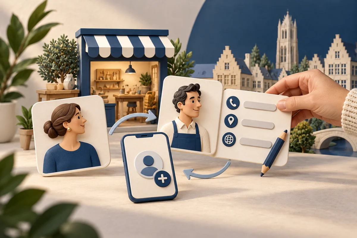 Illustratie van bedrijfsprofielen, klantervaringen en een opgeslagen contactkaart op een smartphone.