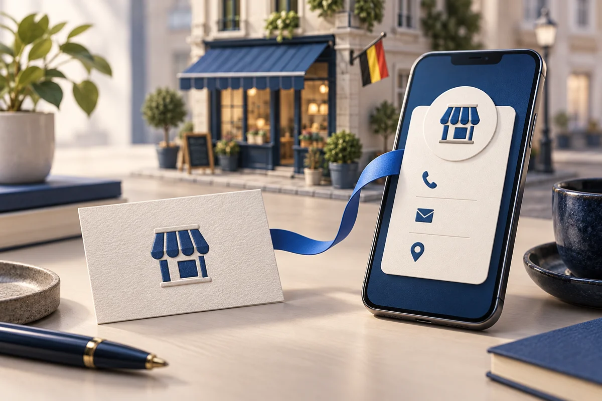 Illustratie van bedrijfsgegevens op een contactkaart en een smartphone.