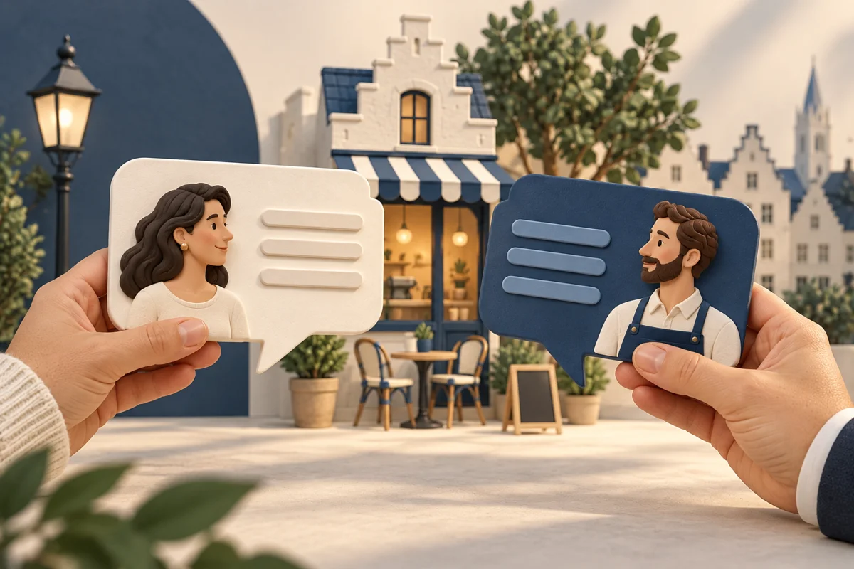 Illustratie van een klant die haar ervaring bespreekt met een caféhouder.