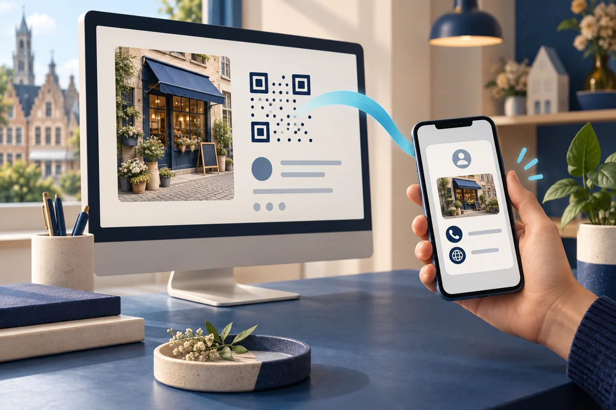 Illustratie van een smartphone die een contactkaart vanaf een computerscherm opent.
