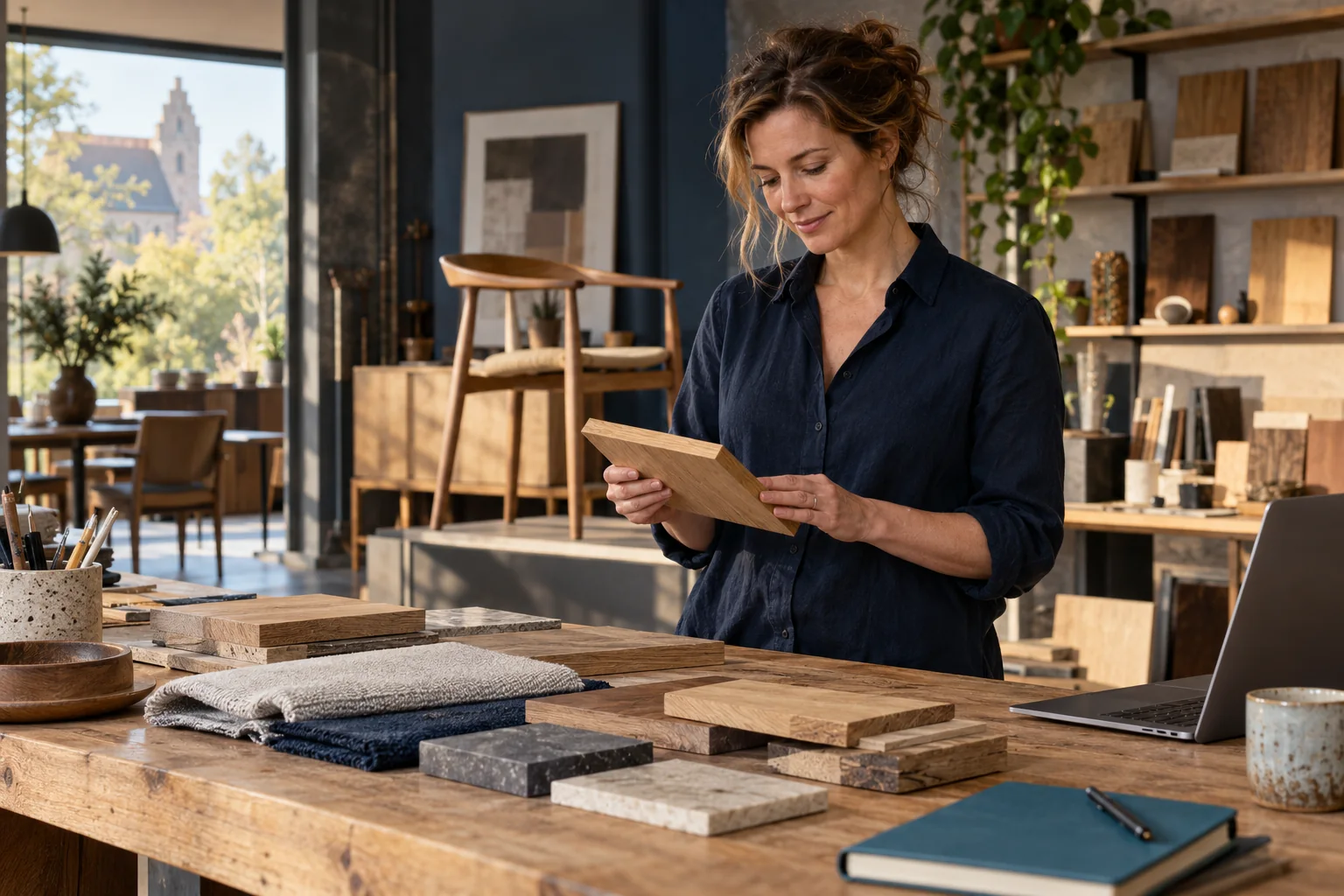 Een ondernemer bekijkt materiaalstalen in haar interieurwerkplaats.